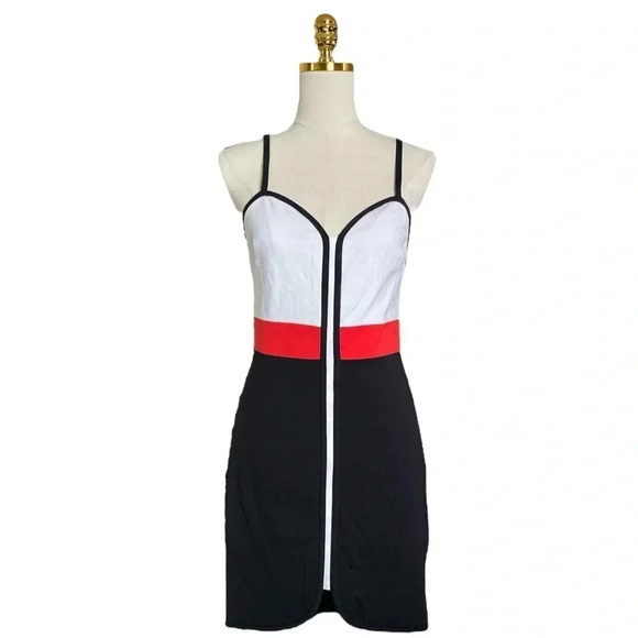BEBE | Black/White/RedColor Blocked Bodycon Corset Mini Cocktail Dress Size M - Picture 2 of 10